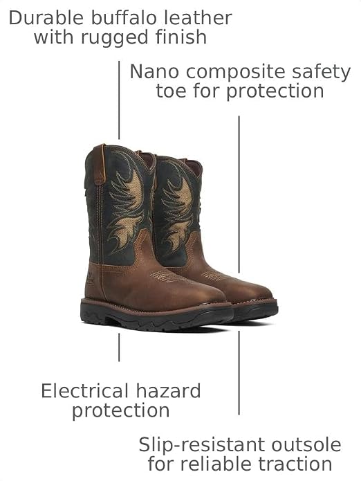 Thorogood Men's 11" Nano Composite Safety Square Toe Vented Buffalo Ridge Western Work Boot, 804-4339