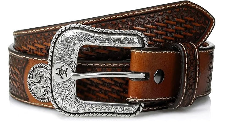 ARIAT Men's Stamped Basketweave Western Leather Belt, Floral Conchos, A1015408