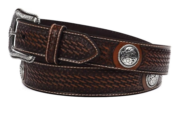 ARIAT Men's Stamped Basketweave Western Leather Belt, Floral Conchos, A1015408