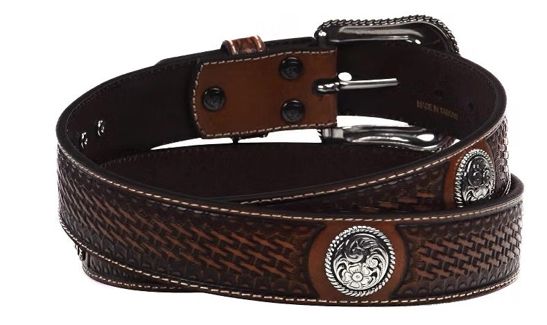 ARIAT Men's Stamped Basketweave Western Leather Belt, Floral Conchos, A1015408