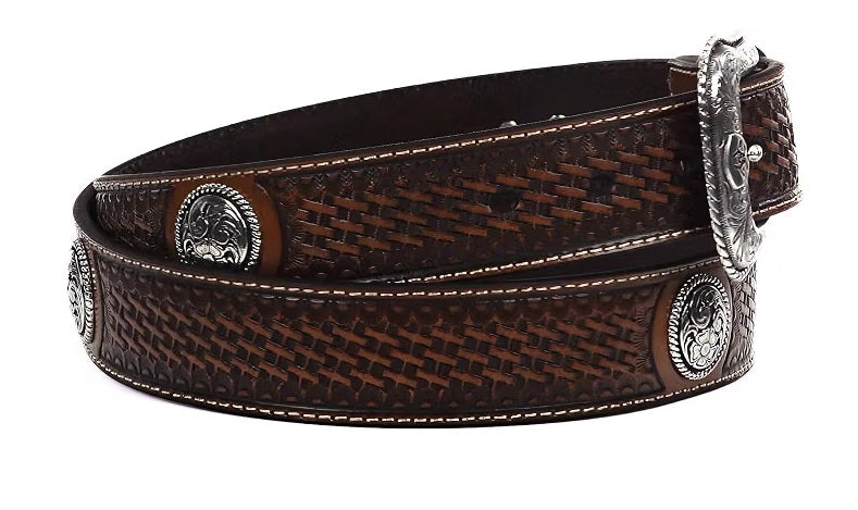 ARIAT Men's Stamped Basketweave Western Leather Belt, Floral Conchos, A1015408