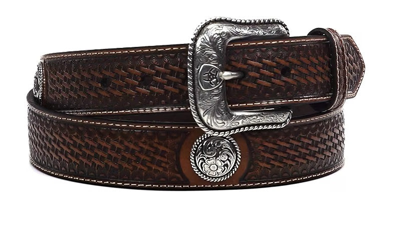 ARIAT Men's Stamped Basketweave Western Leather Belt, Floral Conchos, A1015408