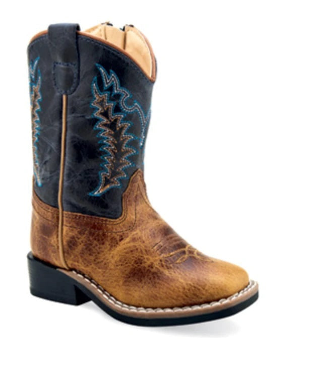 Old West Infant Burnt Tan and Navy Blue Wide Square Toe Cowboy Boots, BSI1960
