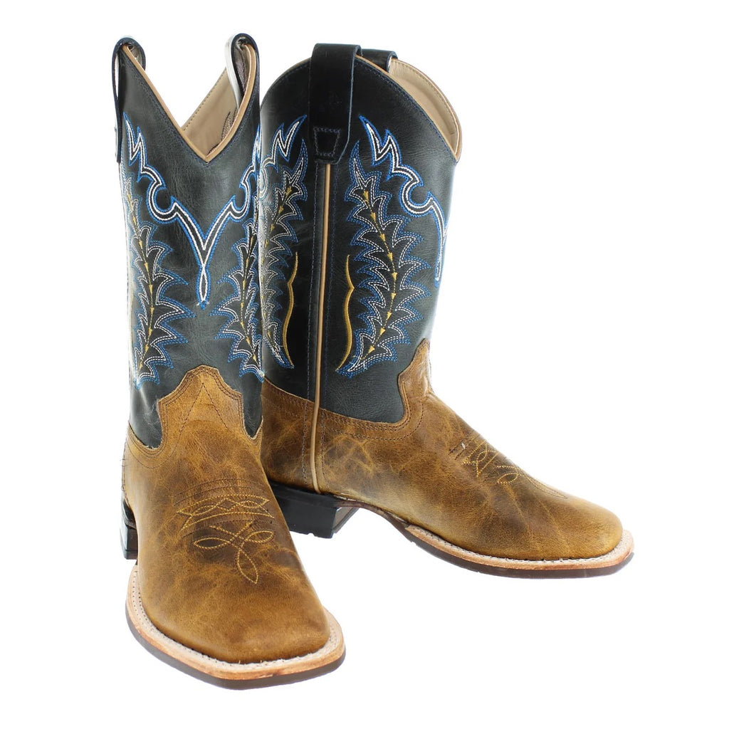 Old West Youth Burnt Tan and Navy Blue Wide Square Toe Cowboy Boots, BSY1960