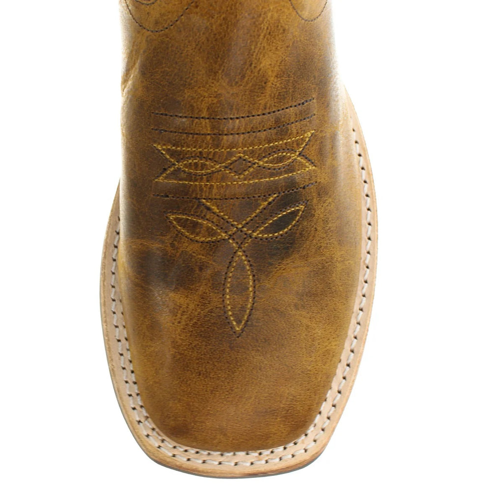 Old West Youth Burnt Tan and Navy Blue Wide Square Toe Cowboy Boots, BSY1960