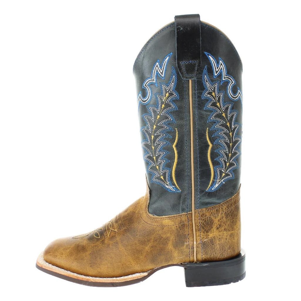 Old West Youth Burnt Tan and Navy Blue Wide Square Toe Cowboy Boots, BSY1960