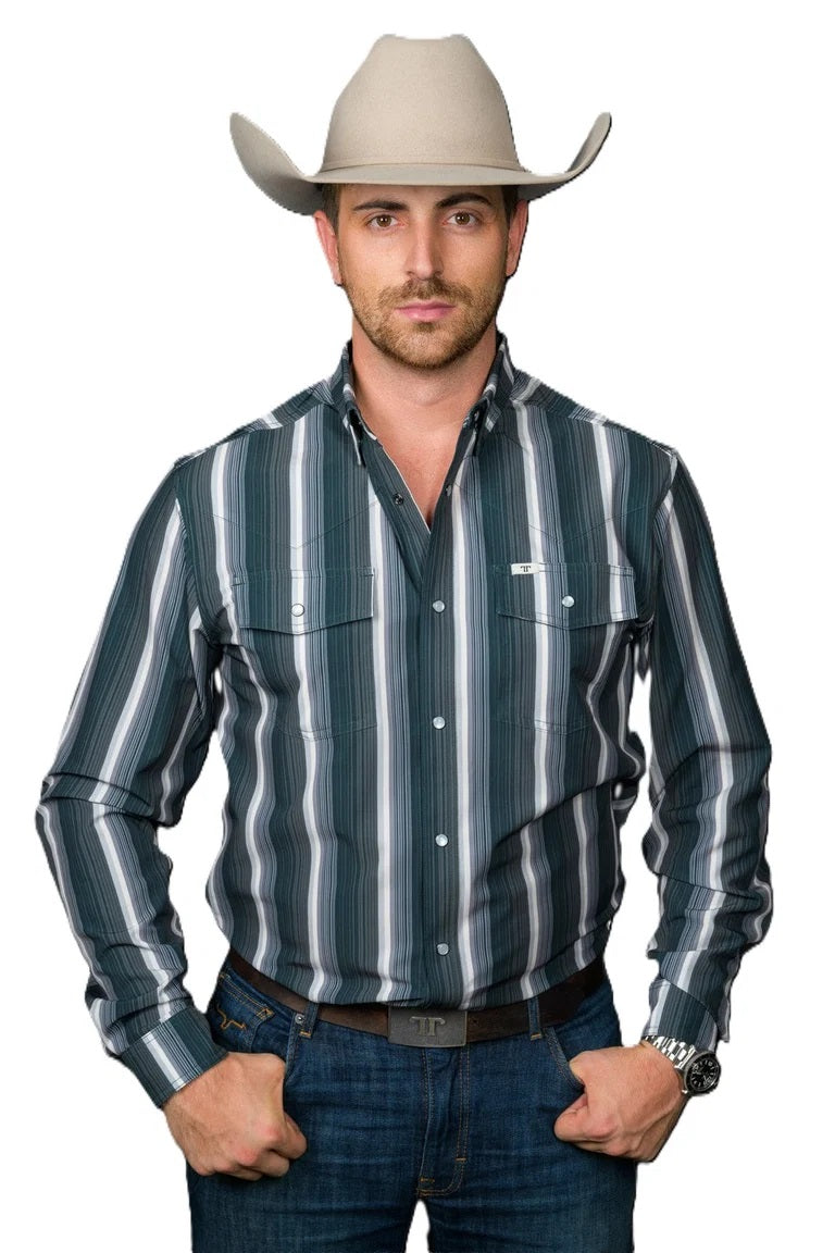 Ferrell Men's Black with Stripes 'The Tristan' Men's Long Sleeve Snap Shirt,  FPL1026183