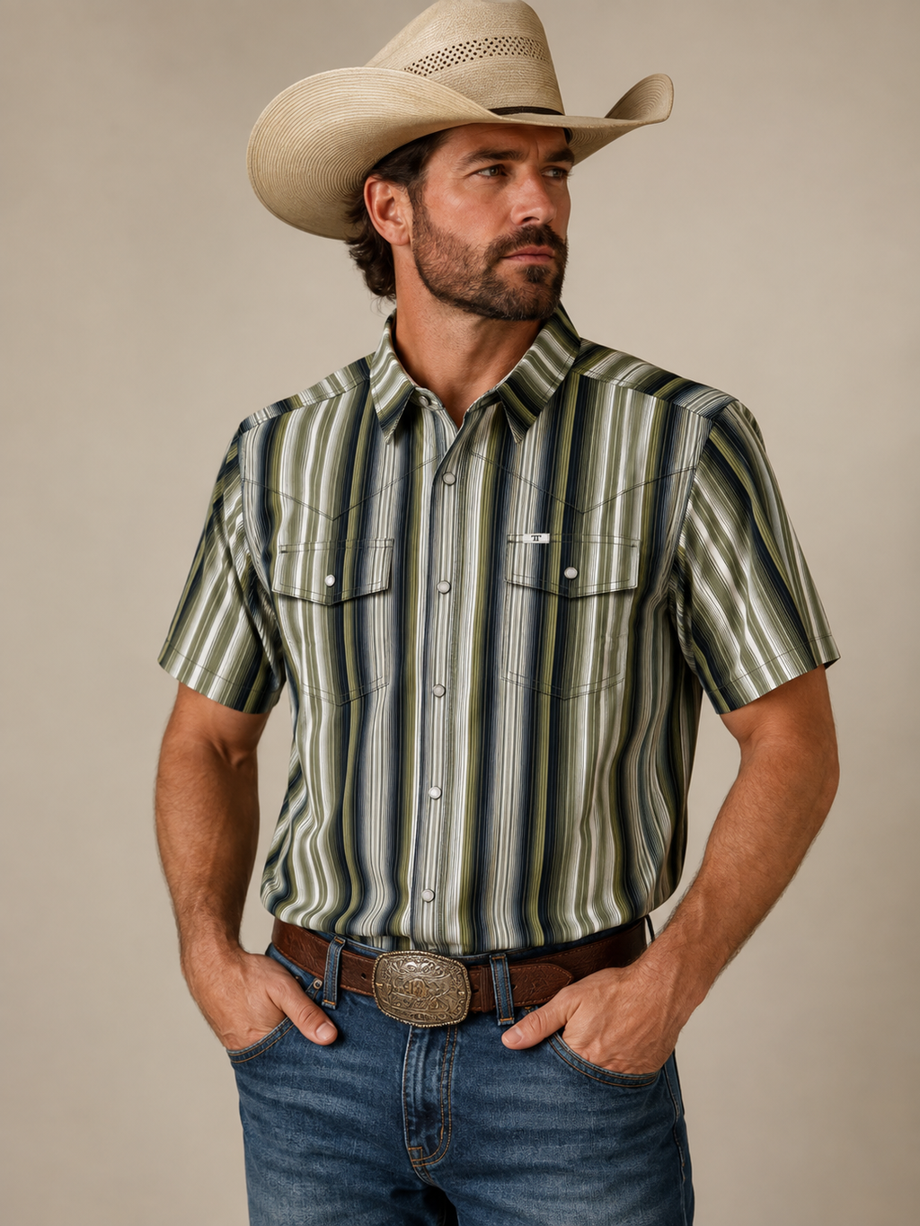Ferrell Men's Harrison Green & White Stripe Print Pearl Snap Western Shirt, FPS1026185