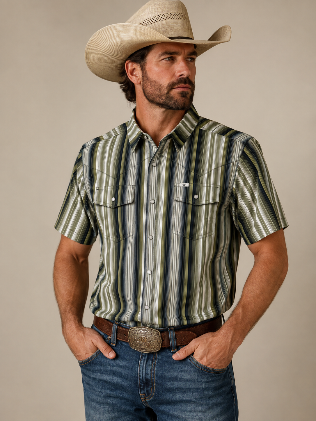 Ferrell Men's Harrison Green & White Stripe Print Pearl Snap Western Shirt, FPS1026185