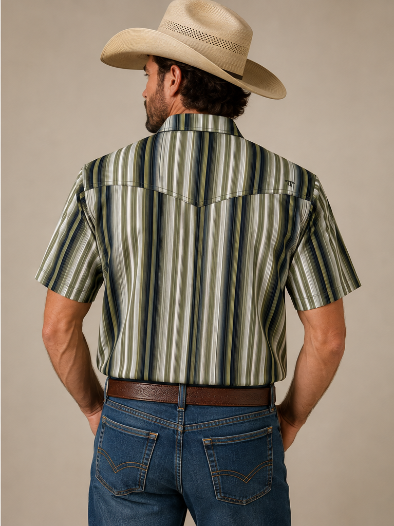 Ferrell Men's Harrison Green & White Stripe Print Pearl Snap Western Shirt, FPS1026185