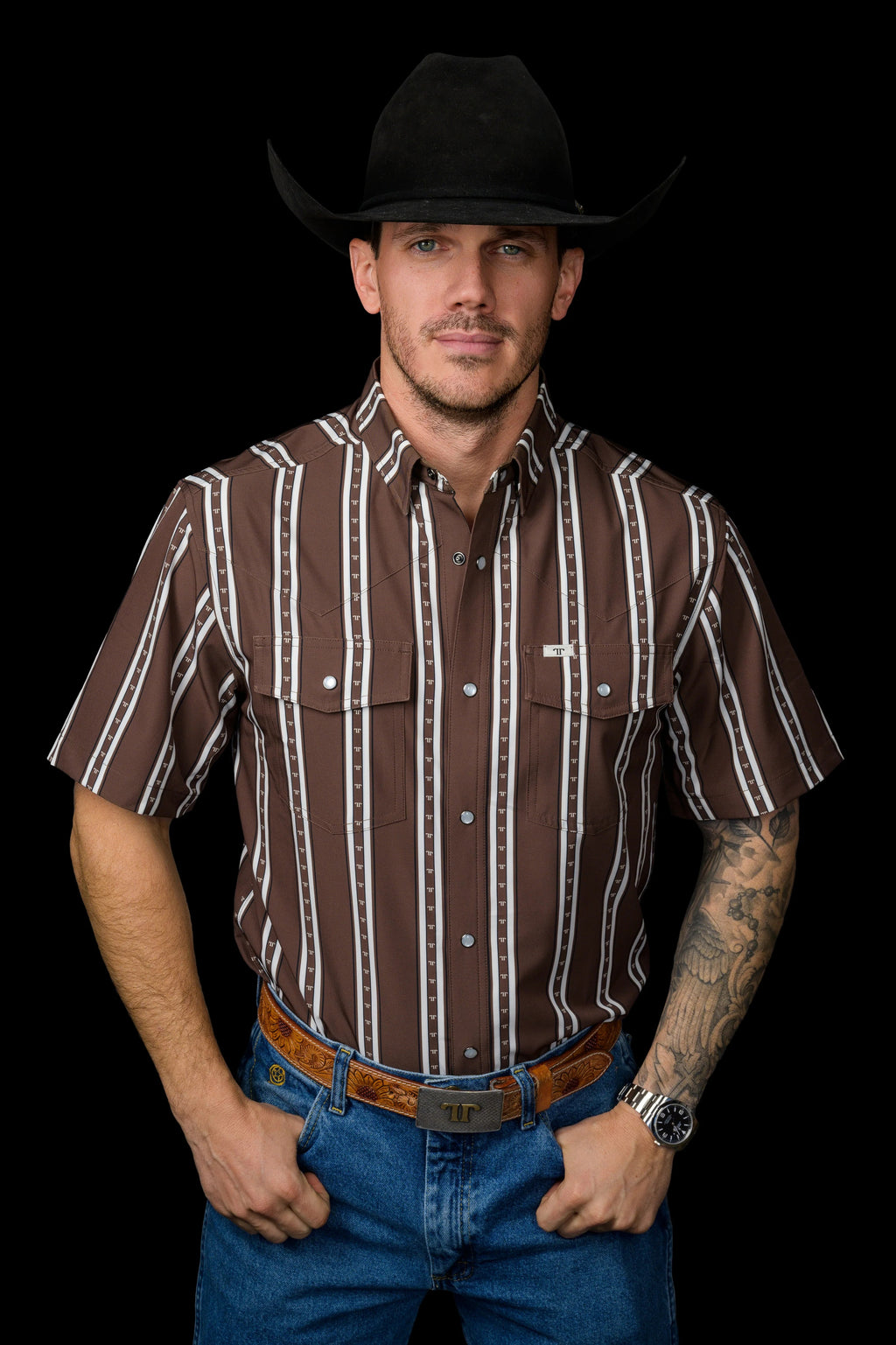 Ferrell Men's The Tucker Short Sleeve Pearl Snap Shirt in Brown, FPS1026186