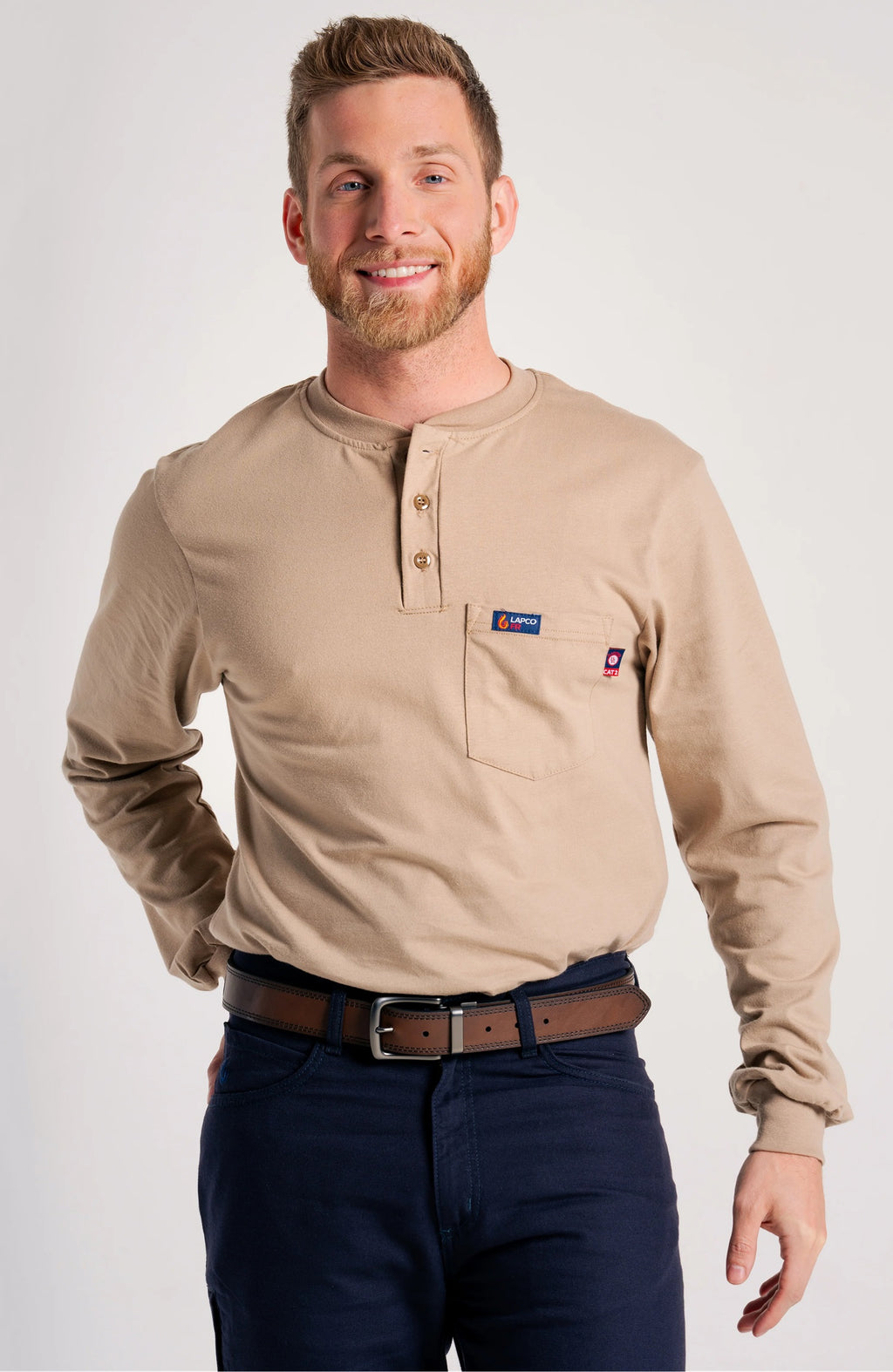 Lapco FR Henley Tee | 7oz. 100% Cotton Jersey Knit | Khaki FRT-HJE 6KH