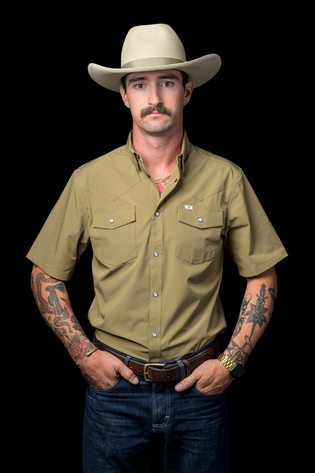 Ferrel CORE - Men's Khaki Short Sleeve Pearl Snap Shirt, FSS1002333