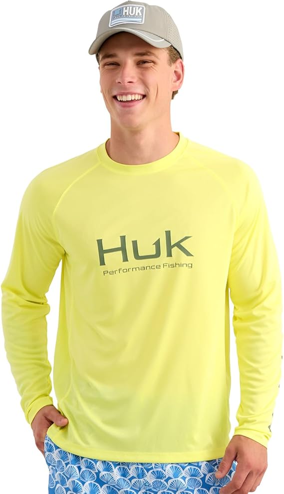 HUK Pursuit Long Sleeve Crew Men's Tech Shirt, Vintage Chartreuse H1200524-385