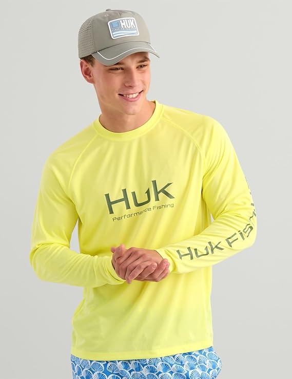 HUK Pursuit Long Sleeve Crew Men's Tech Shirt, Vintage Chartreuse H1200524-385