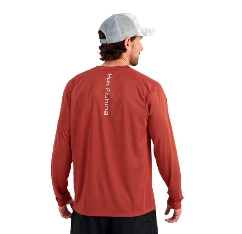 HUK Pursuit Long Sleeve Crew Men's Tech Shirt, Craw Red H1200524-615