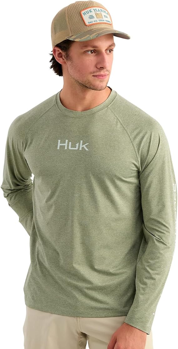 HUK Men's Airweight Crew, UPF 30+ Lightweight Performance Fishing Shirt, Seagrass Heather H1200739-486