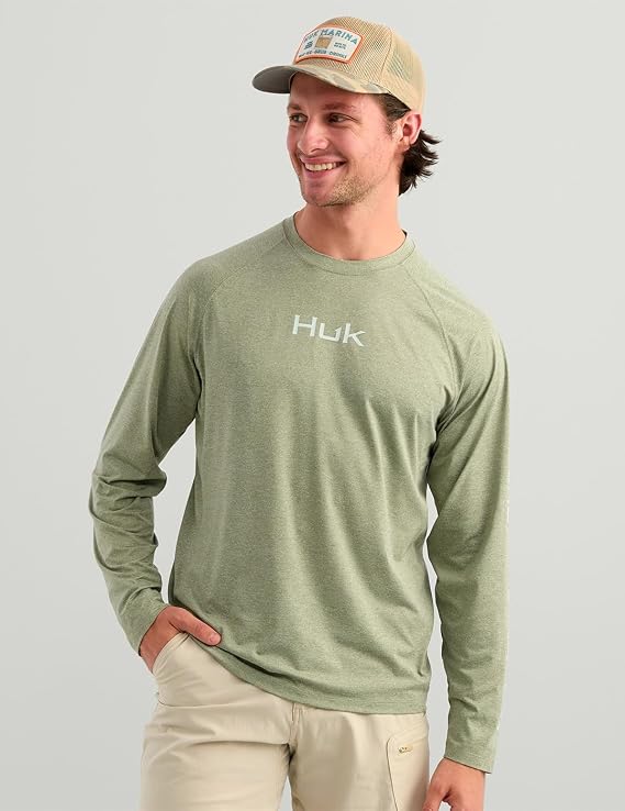 HUK Men's Airweight Crew, UPF 30+ Lightweight Performance Fishing Shirt, Seagrass Heather H1200739-486