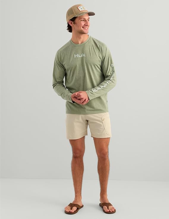 HUK Men's Airweight Crew, UPF 30+ Lightweight Performance Fishing Shirt, Seagrass Heather H1200739-486