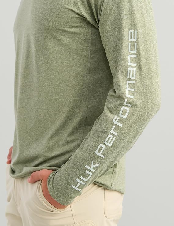 HUK Men's Airweight Crew, UPF 30+ Lightweight Performance Fishing Shirt, Seagrass Heather H1200739-486
