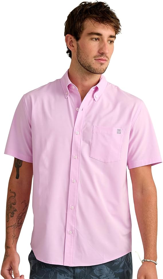 HUK Mens Kona Short Sleeve Fishing Button Down Shirt, Oleander H1500154-563