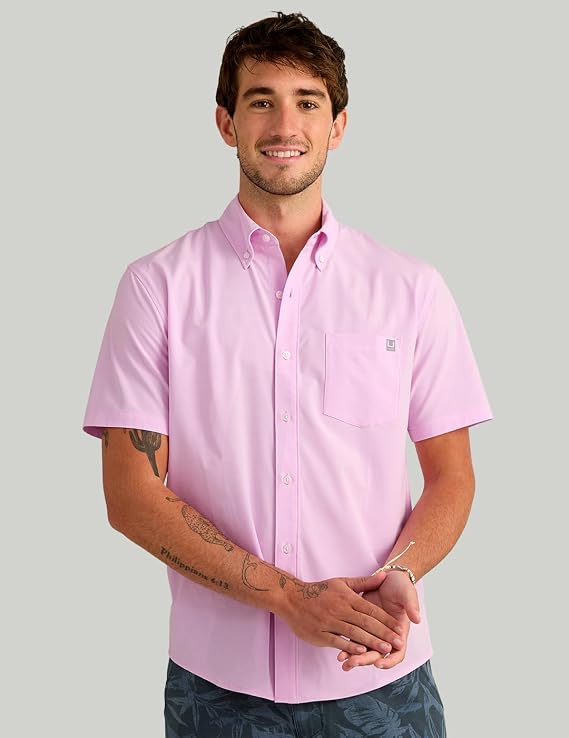 HUK Mens Kona Short Sleeve Fishing Button Down Shirt, Oleander H1500154-563