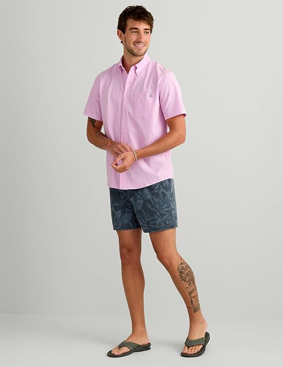 HUK Mens Kona Short Sleeve Fishing Button Down Shirt, Oleander H1500154-563