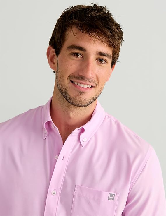 HUK Mens Kona Short Sleeve Fishing Button Down Shirt, Oleander H1500154-563