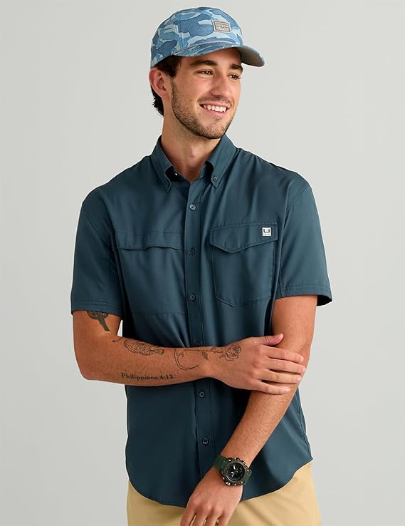 HUK Men's Tide Point Short Sleeve Shirt, Fishing Button Down, Sea Storm H1500171-408