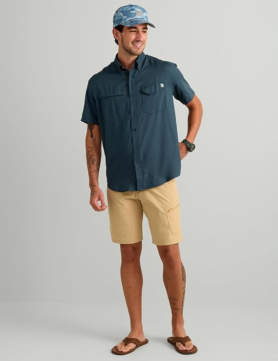HUK Men's Tide Point Short Sleeve Shirt, Fishing Button Down, Sea Storm H1500171-408