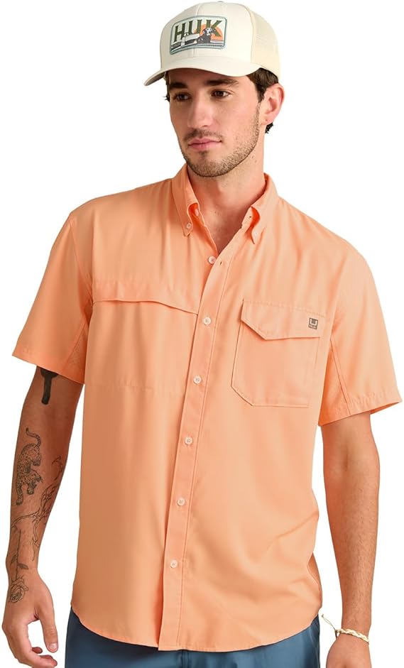 HUK Men's Tide Point Short Sleeve Shirt, Fishing Button Down, Coral Reef H1500171-818
