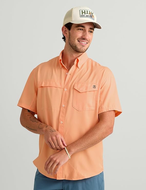 HUK Men's Tide Point Short Sleeve Shirt, Fishing Button Down, Coral Reef H1500171-818