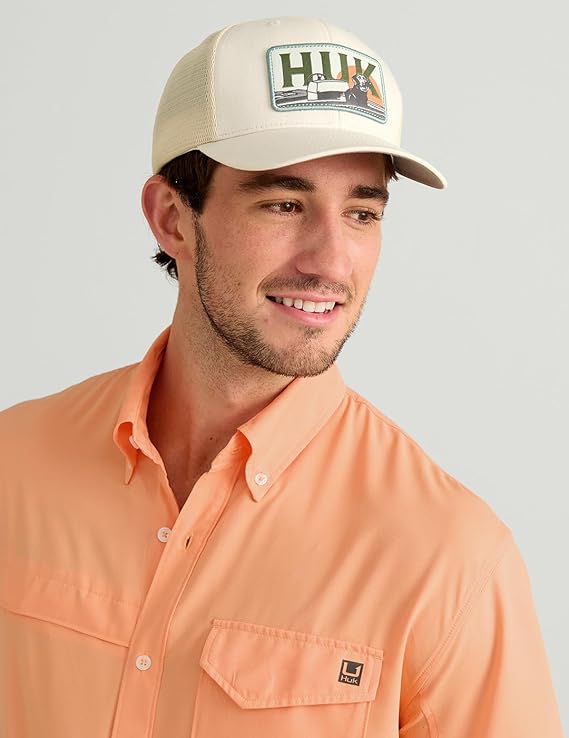 HUK Men's Tide Point Short Sleeve Shirt, Fishing Button Down, Coral Reef H1500171-818