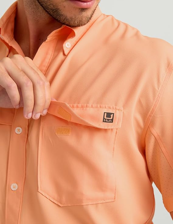 HUK Men's Tide Point Short Sleeve Shirt, Fishing Button Down, Coral Reef H1500171-818