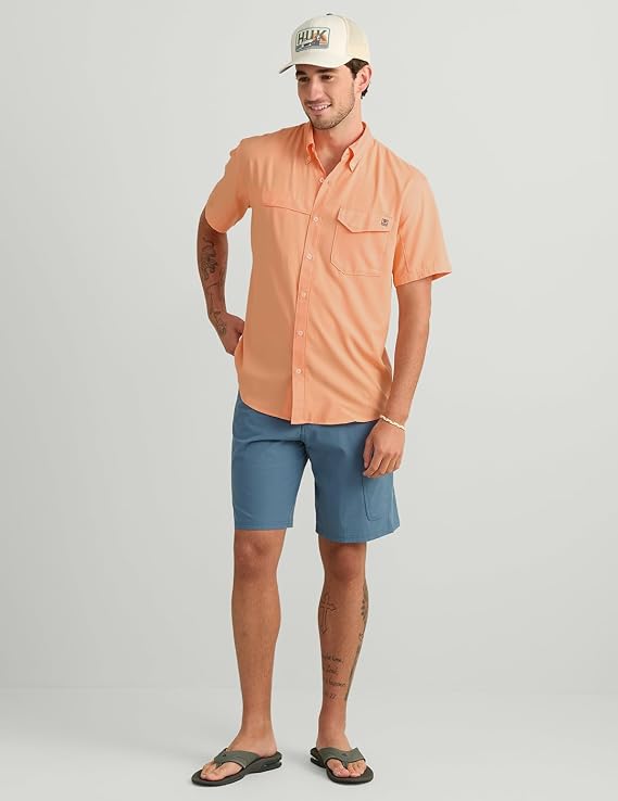 HUK Men's Tide Point Short Sleeve Shirt, Fishing Button Down, Coral Reef H1500171-818