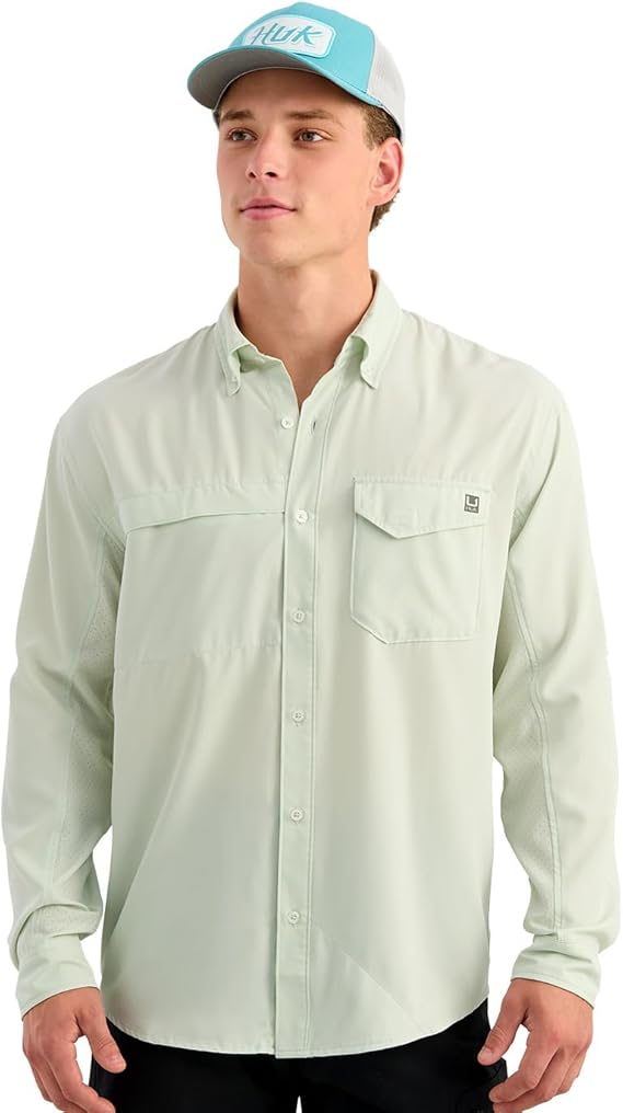 HUK Men's Tide Point Solid Long Sleeve Button Down Shirt, Pale Algae H1500172-384
