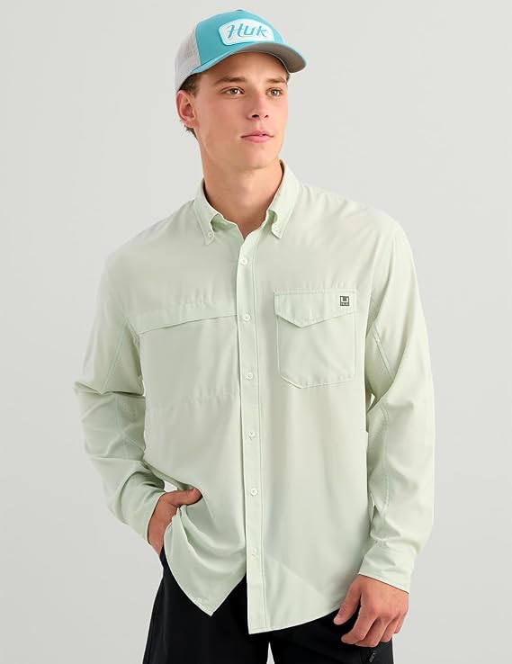 HUK Men's Tide Point Solid Long Sleeve Button Down Shirt, Pale Algae H1500172-384