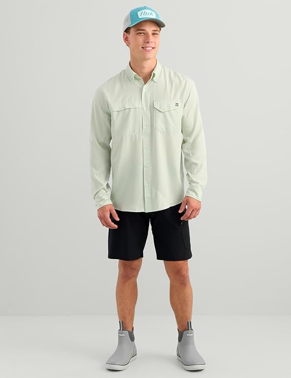 HUK Men's Tide Point Solid Long Sleeve Button Down Shirt, Pale Algae H1500172-384