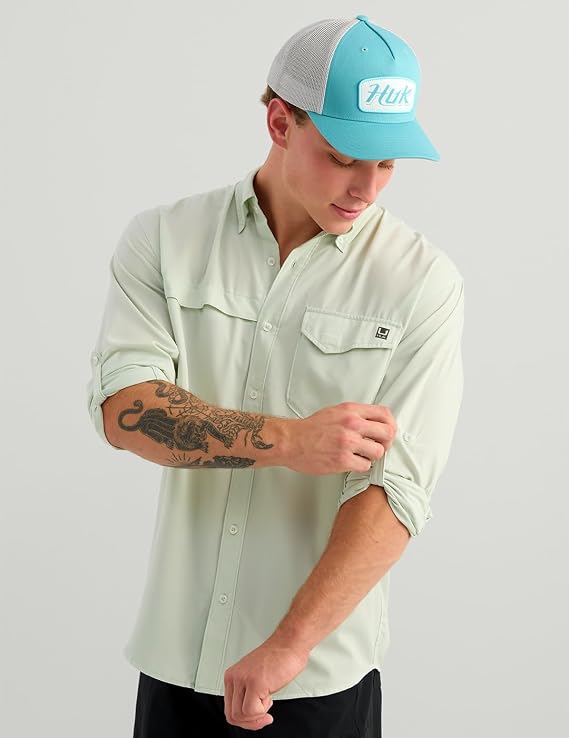 HUK Men's Tide Point Solid Long Sleeve Button Down Shirt, Pale Algae H1500172-384
