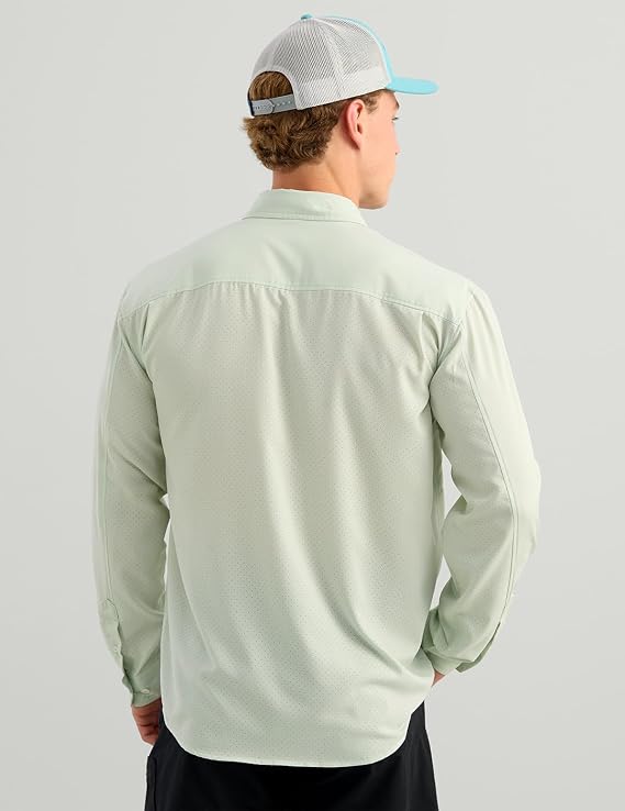 HUK Men's Tide Point Solid Long Sleeve Button Down Shirt, Pale Algae H1500172-384