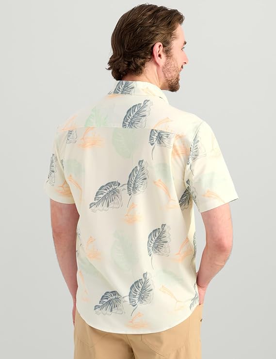 HUK Mens Kona Pattern Short Sleeve Fishing Button Down Shirt, Egret H1500192-106