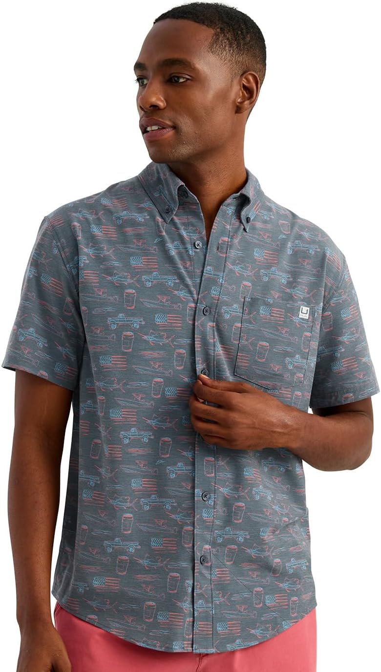 HUK Mens Kona Pattern Short Sleeve Fishing Button Down Shirt, Sea Storm Americana H1500192-408