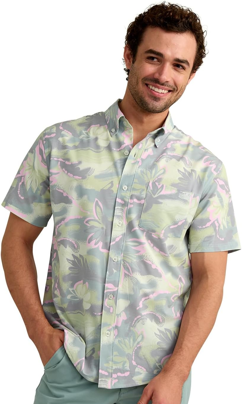 HUK Mens Kona Pattern Short Sleeve Fishing Button Down Shirt, Silver Blue Coast H1500212-040