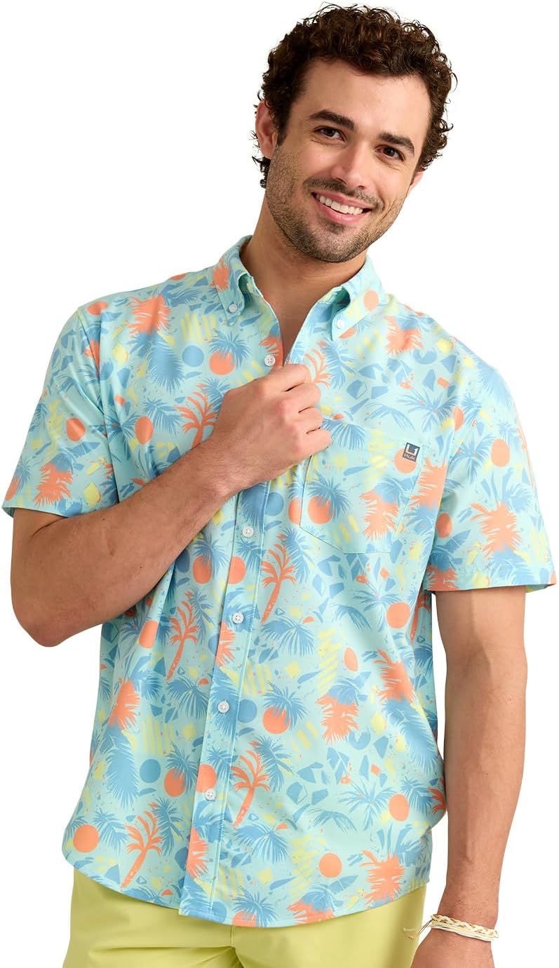HUK Mens Kona Pattern Short Sleeve Fishing Button Down Shirt, Caicos Palm Craze H1500212-414