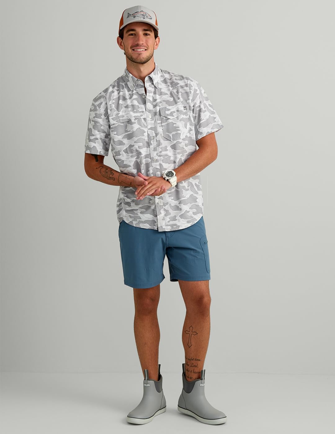 HUK Men's Tide Point Short Sleeve Shirt, Fishing Button Down, Seagull Camo H1500220-059