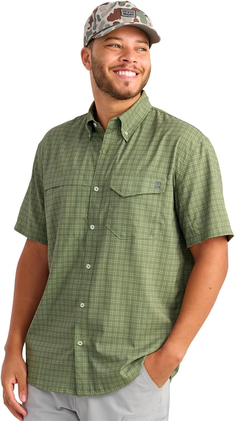 HUK Men's Tide Point Short Sleeve Shirt, Fishing Button Down, Overland Mini Plaid H1500220-319