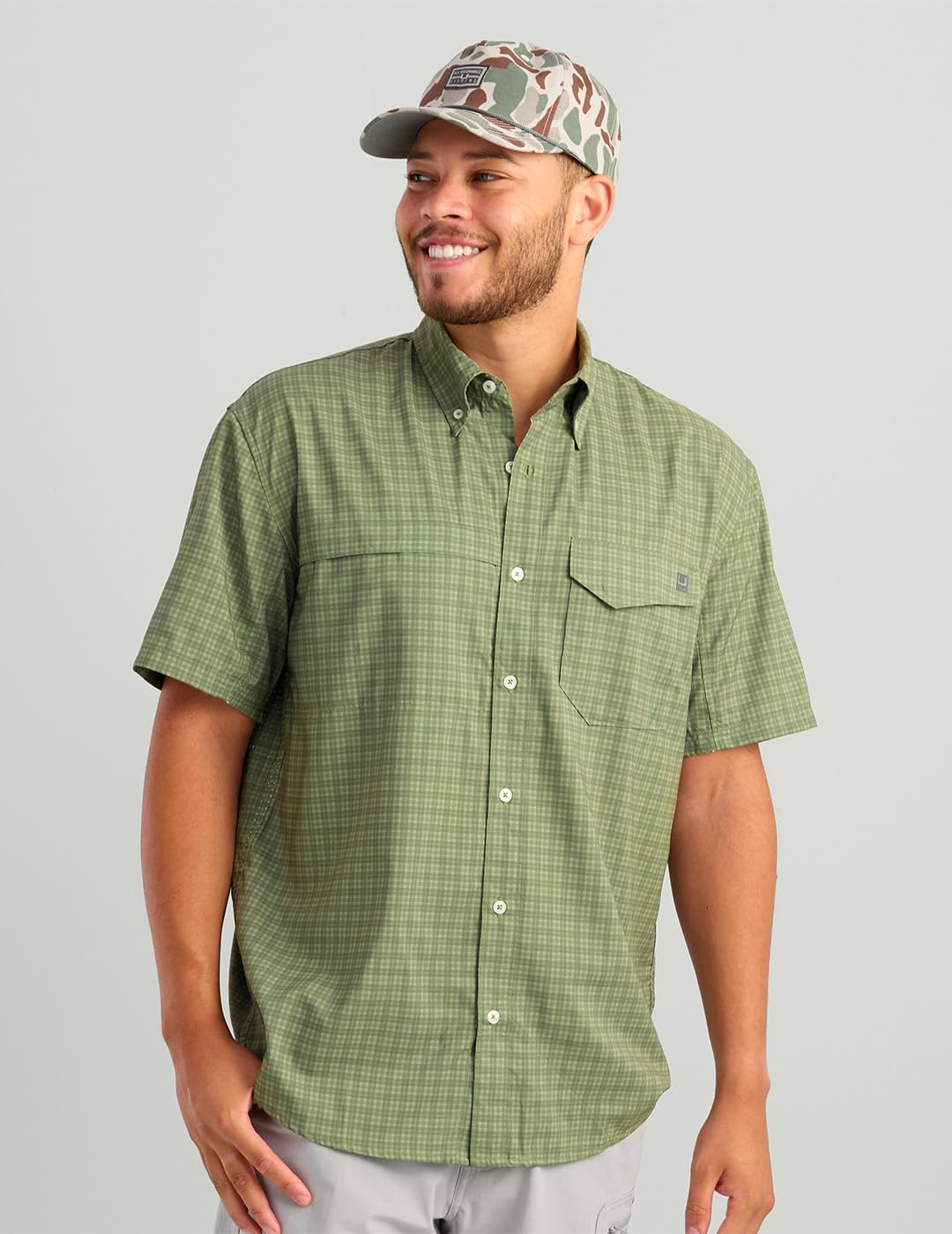 HUK Men's Tide Point Short Sleeve Shirt, Fishing Button Down, Overland Mini Plaid H1500220-319