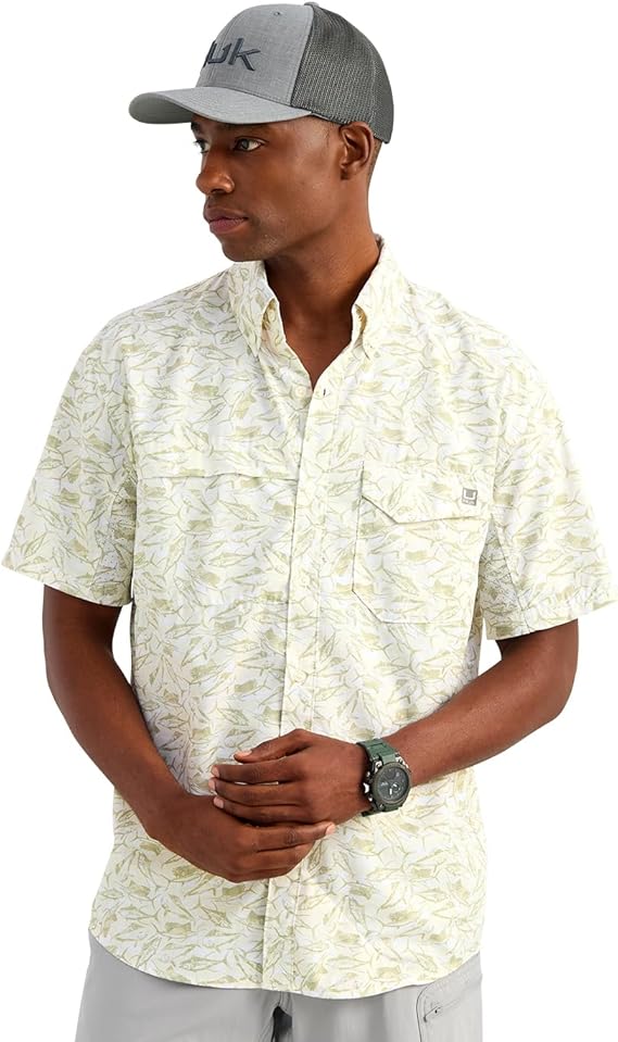 HUK Men's Tide Point Kc Scott Original Artwork Short Sleeve Shirt, Fishing Button Down, Seagrass American Slam H1500221-383