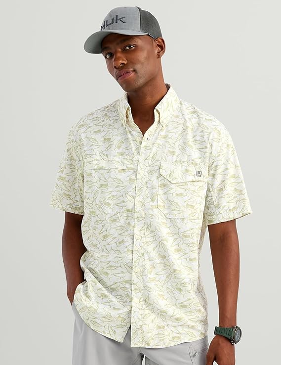 HUK Men's Tide Point Kc Scott Original Artwork Short Sleeve Shirt, Fishing Button Down, Seagrass American Slam H1500221-383