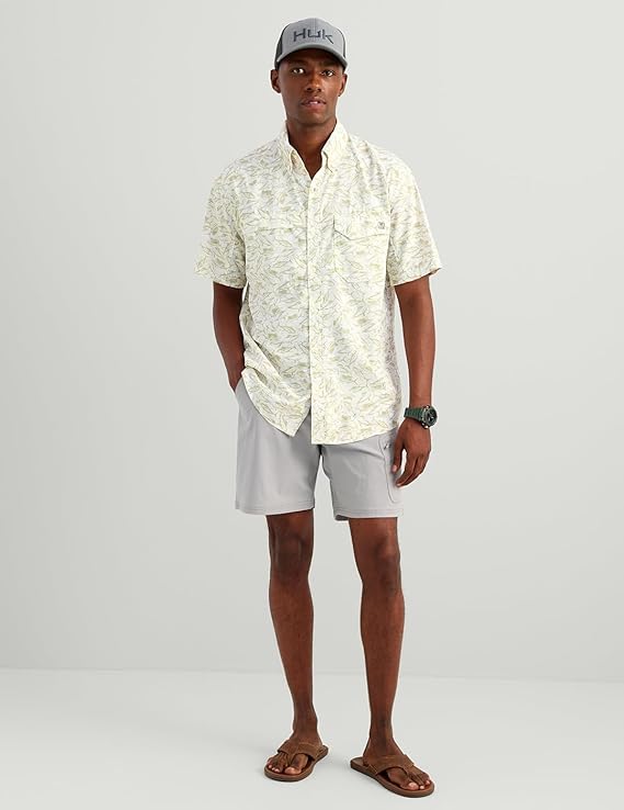 HUK Men's Tide Point Kc Scott Original Artwork Short Sleeve Shirt, Fishing Button Down, Seagrass American Slam H1500221-383